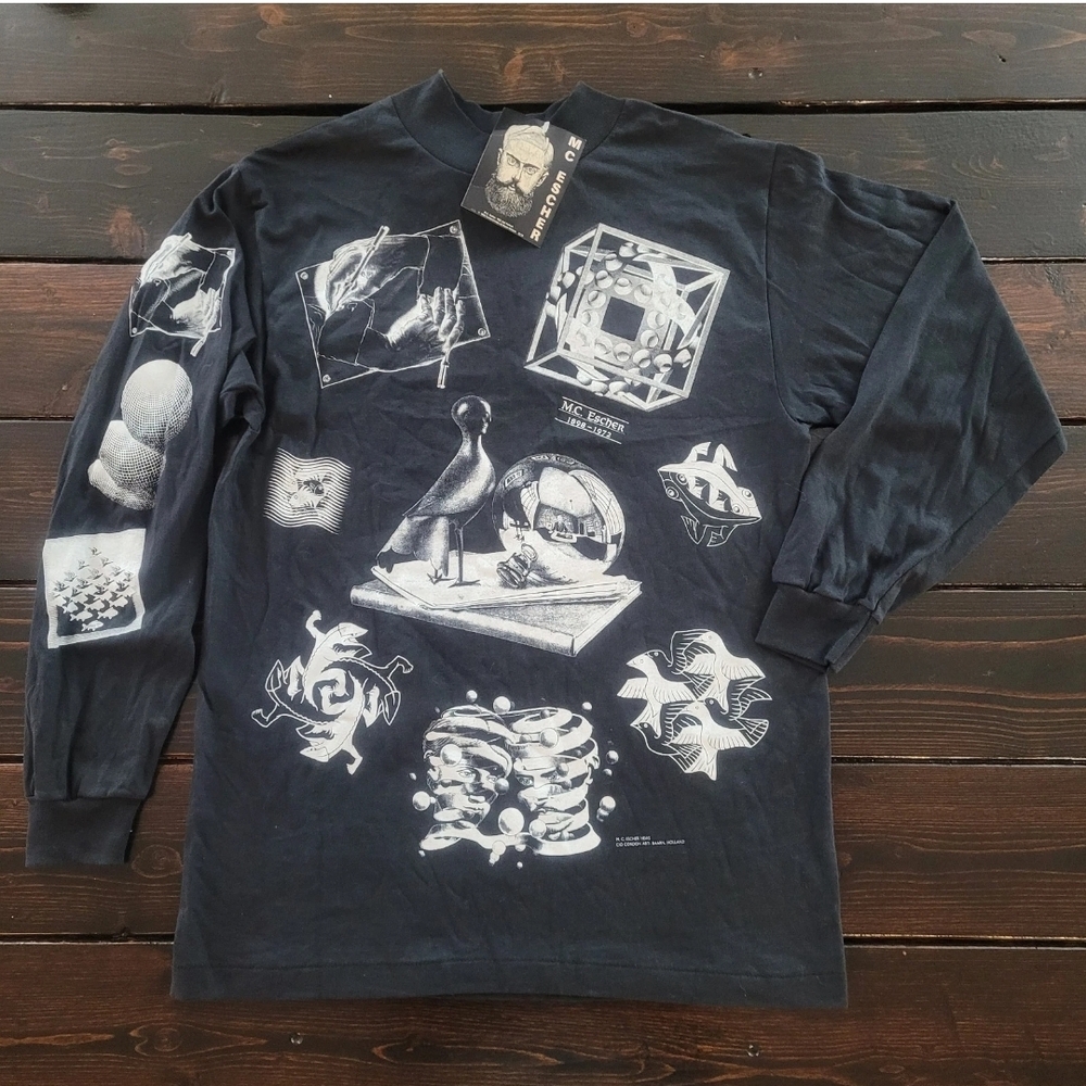 NWT 90s Andazia MC Escher All Over Print Single Stitch L Long Sleeve Shirt Vtg